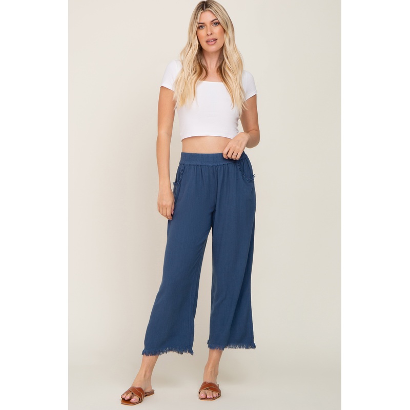 Navy Linen Frayed Hem Crop Pants