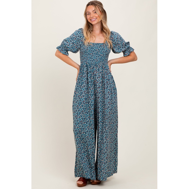 Teal Floral Smocked Puff Sleeve Jumpsuit