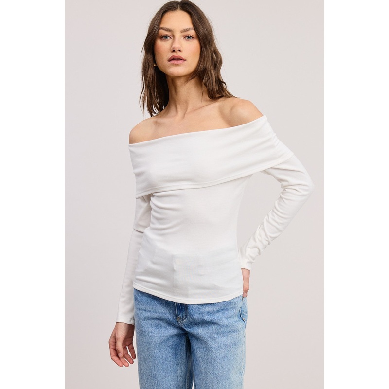 White Off Shoulder Foldover Long Sleeve Top