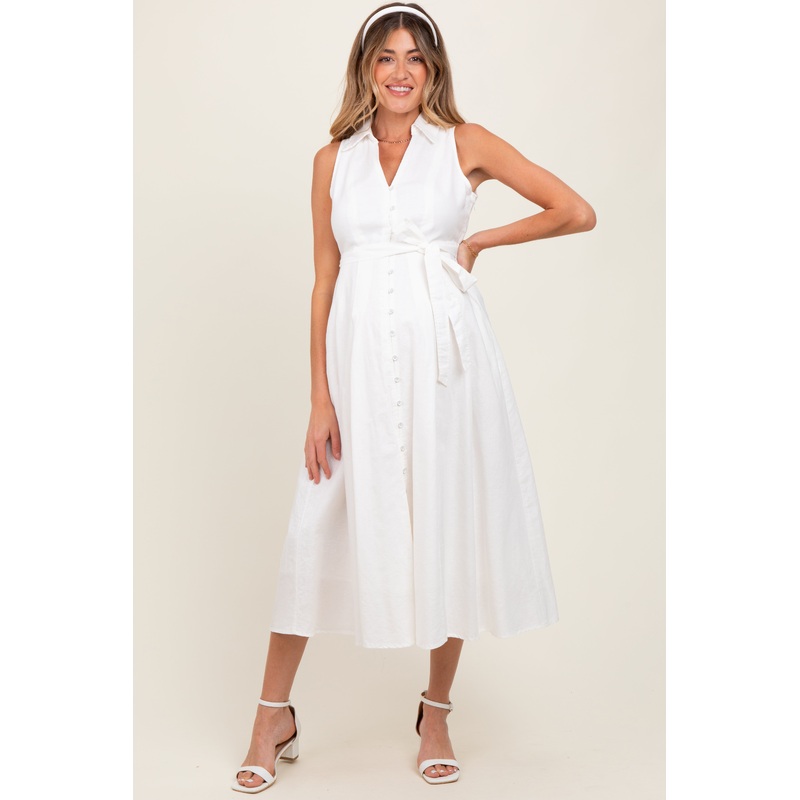White Sleeveless Linen Blend Maternity Midi Shirt Dress