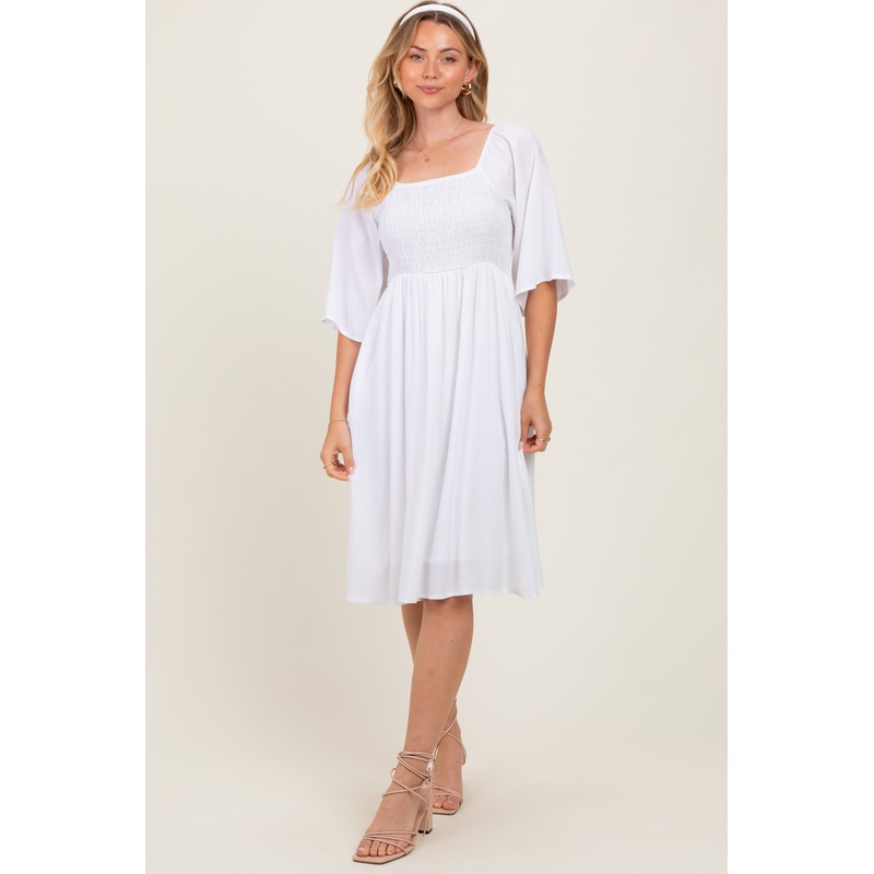 White Smocked Midi Dress