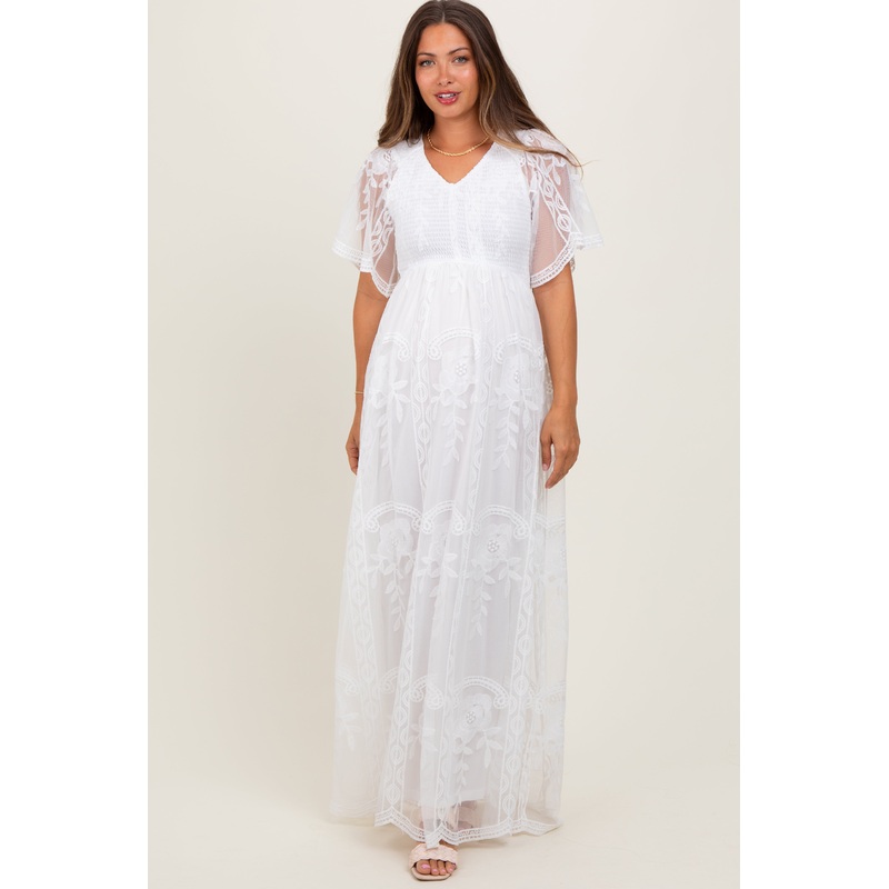 White Smocked Top Lace Maternity Maxi Dress