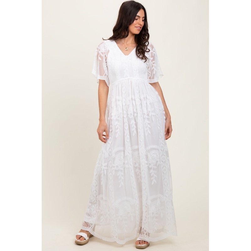 White Smocked Top Lace Maxi Dress