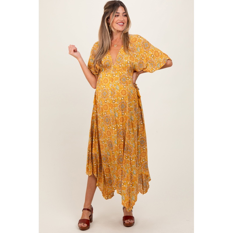Yellow Printed Deep V-Neck Handkerchief Hem Maternity Maxi Dress