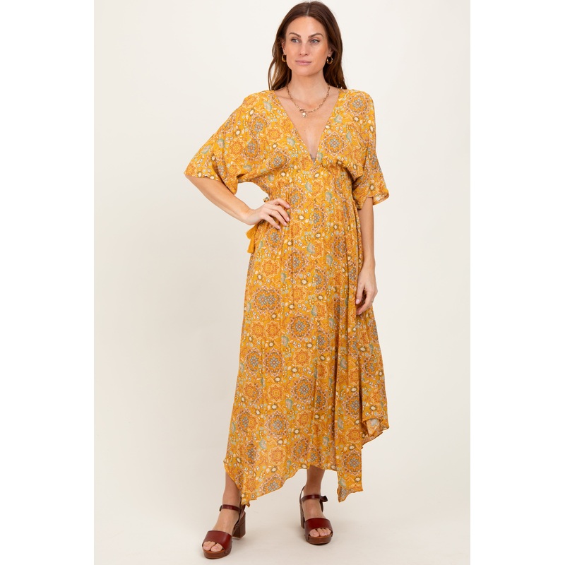 Yellow Printed Deep V-Neck Handkerchief Hem Maxi Dress