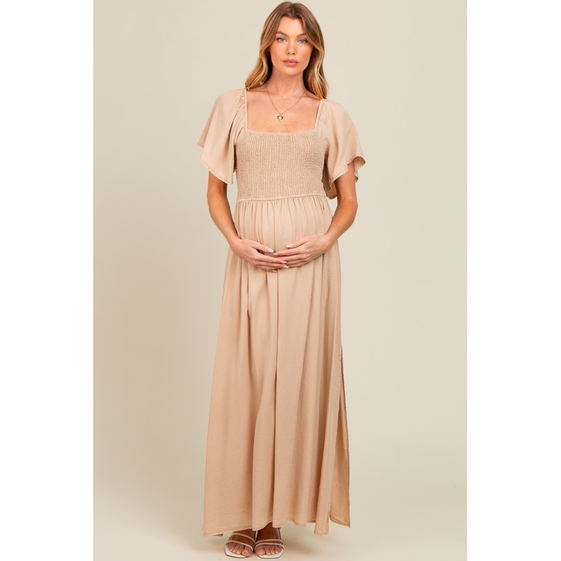 Beige Chambray Smocked Maternity Maxi Dress