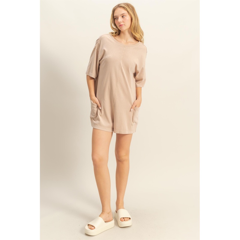 Beige V Back Short Sleeve Pocketed Romper