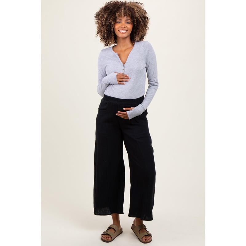 Black Cotton Gauze Wide Leg Maternity Pants