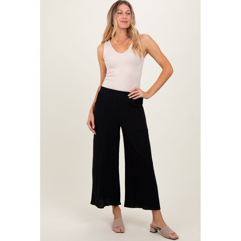 Black Cotton Gauze Wide Leg Pants