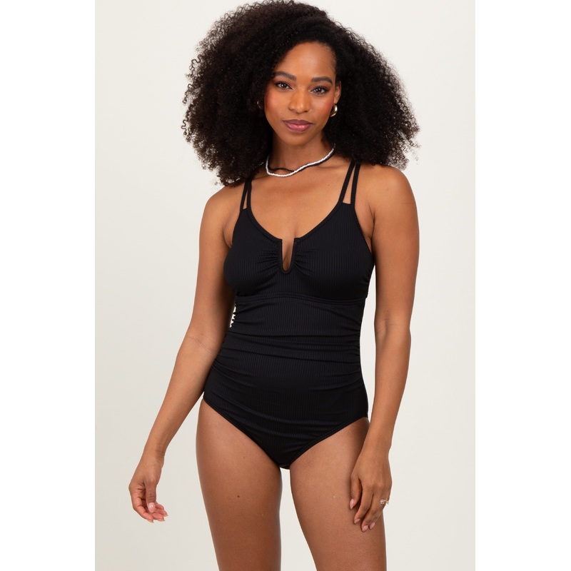 Black Ribbed Split Neckline Swimsuit