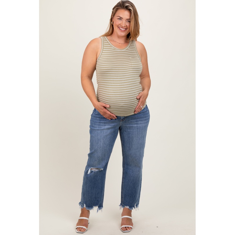 Blue Distressed Open Knee Relaxed Straight Leg Maternity Plus Jeans