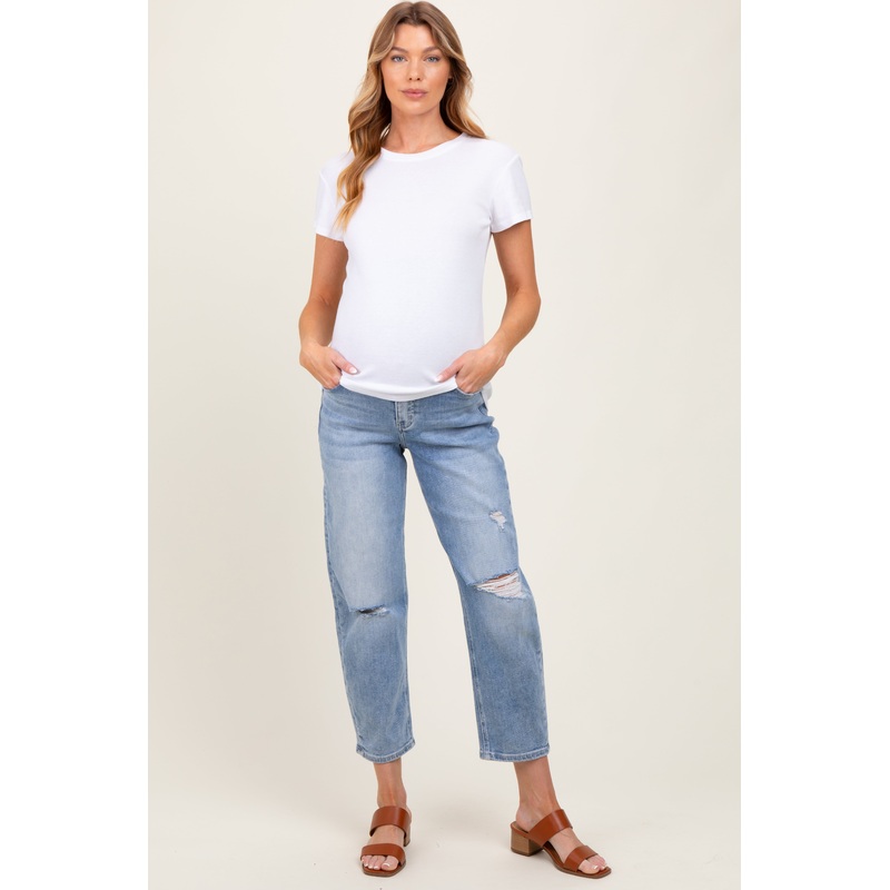 Blue Distressed Open Knee Straight Leg Ankle Maternity Jeans