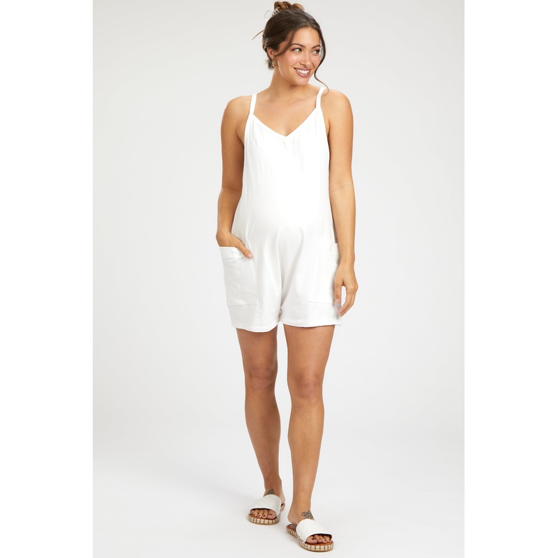 Cream Basic V-Neck Maternity Romper
