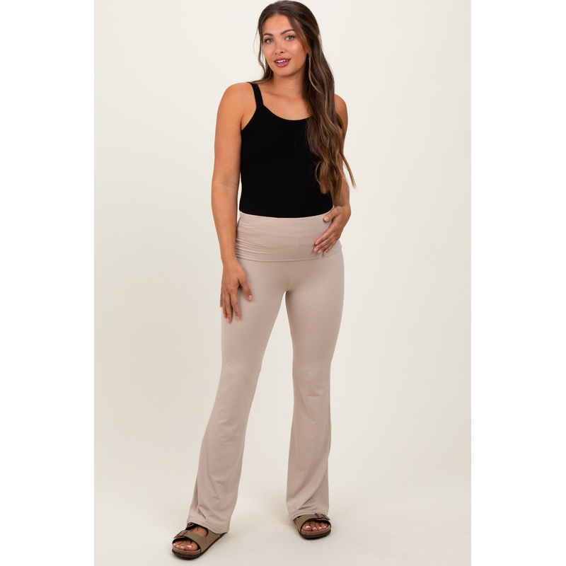 Cream Fold Over Waistband Maternity Flared Pants