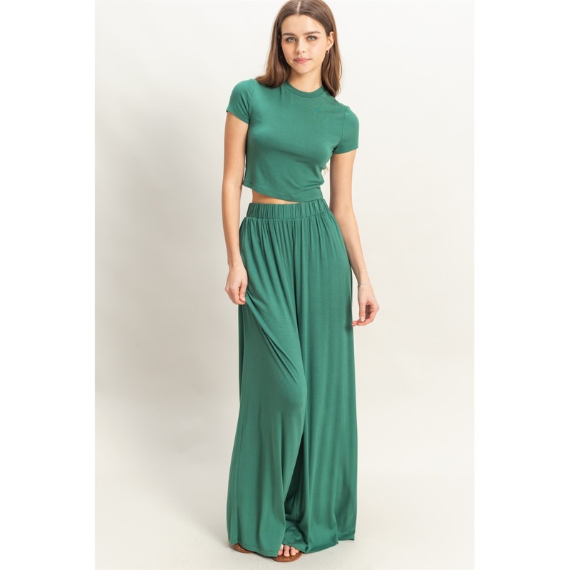Emerald Green Cropped Short Sleeve Wide Leg Pants Set