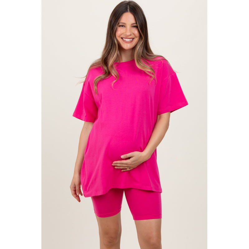 Fuchsia Biker Shorts Maternity Set