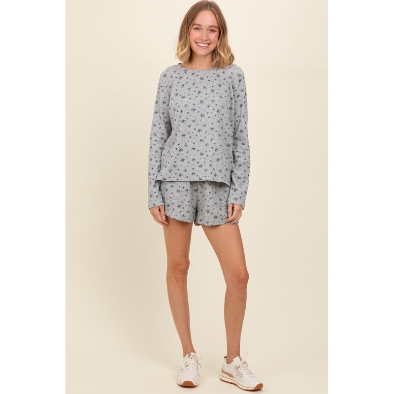 Heather Grey Floral Waffle Knit Shorts Set