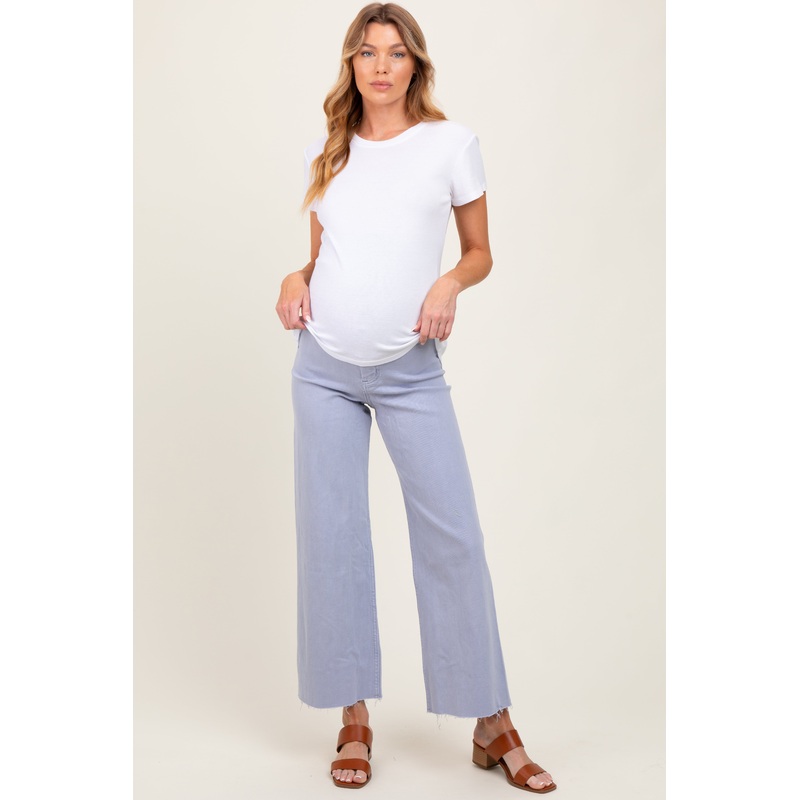 Periwinkle Blue Cropped Raw Hem Wide Leg Maternity Jeans