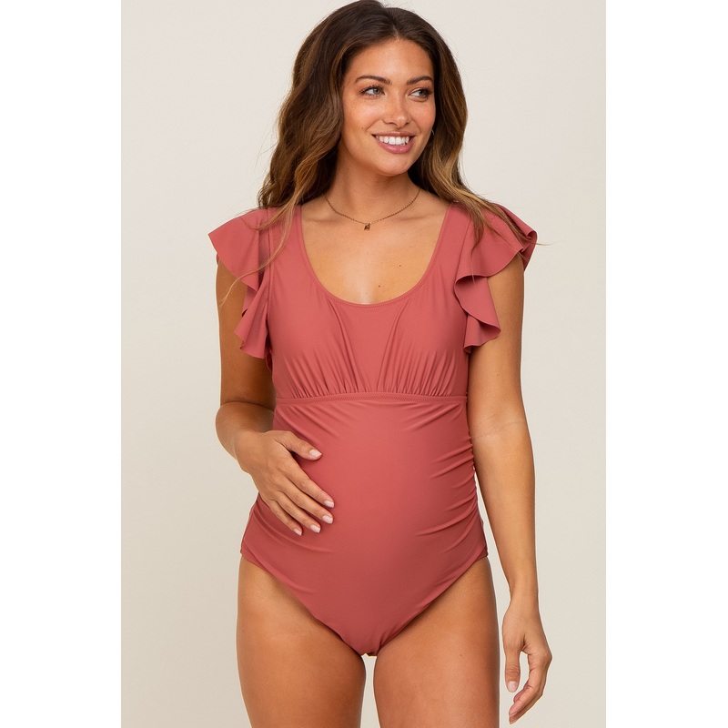 Rust Ruffle Shoulder Pleated Side Maternity One Piece Swimsuit