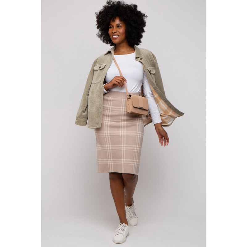 Taupe Knit Plaid Fitted Skirt