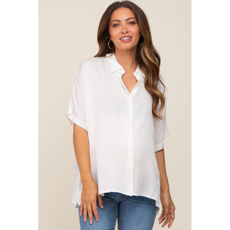 White Button Up Dolman Short Sleeve Maternity Top