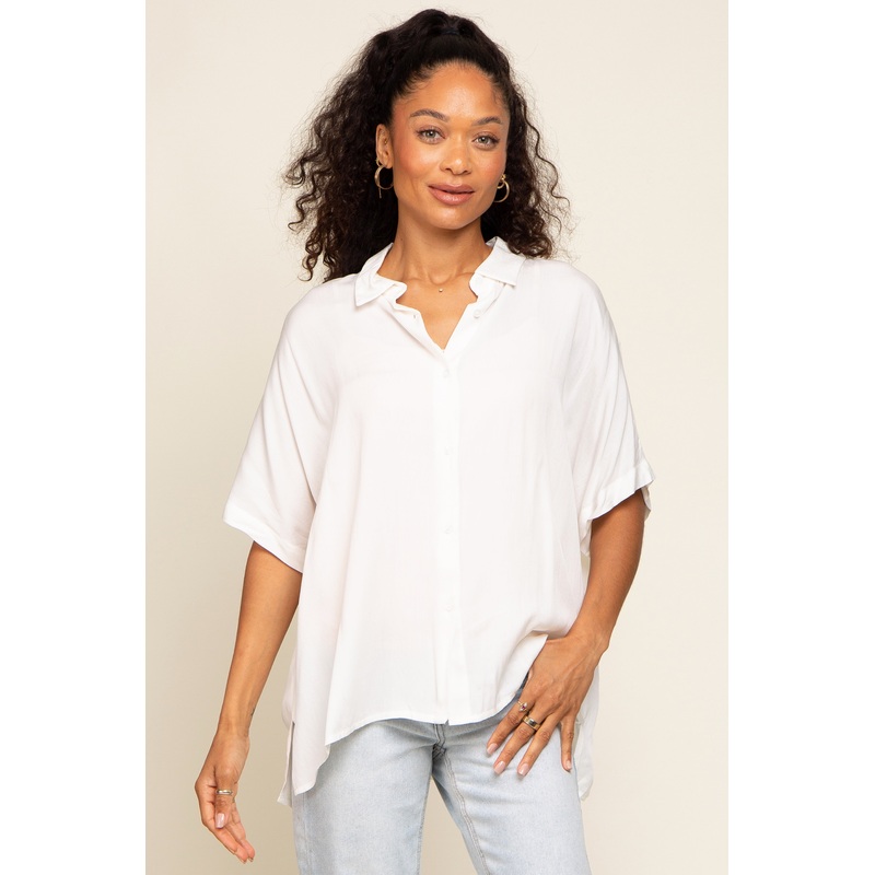 White Button Up Dolman Short Sleeve Top