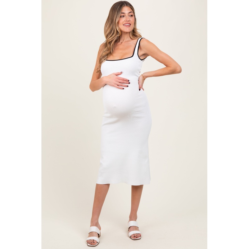 White Knit Contrast Trim Square Neck Maternity Midi Dress