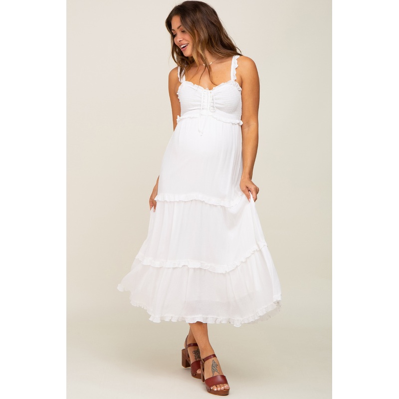 White Ruffle Accent Maternity Midi Dress