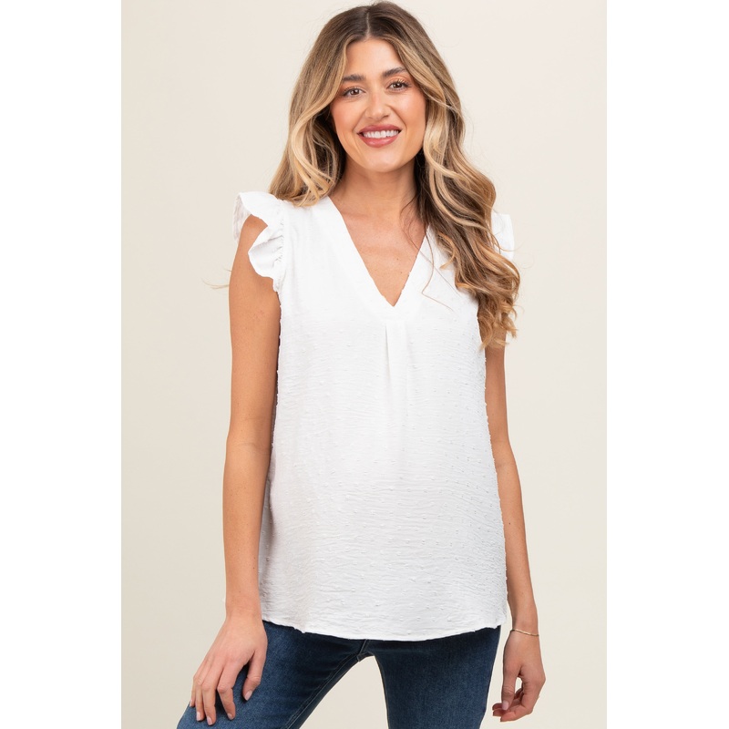 White Swiss Dot Flutter Sleeve V-Neck Maternity Top