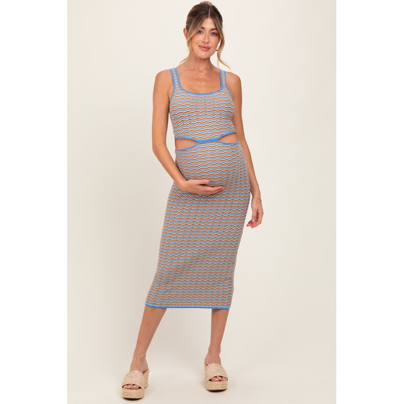 Aqua Chevron Knit Cutout Maternity Midi Dress