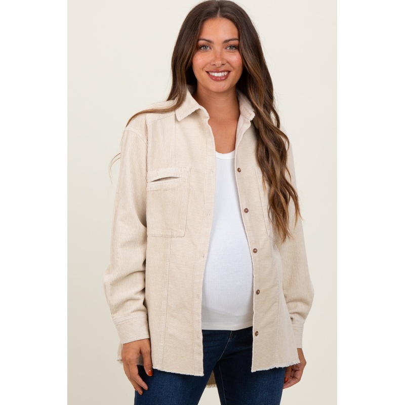 Beige Corduroy Fringe Hem Maternity Shirt Jacket