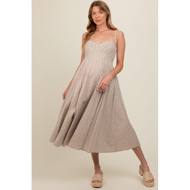 Beige Floral Embroidered Maternity Maxi Dress