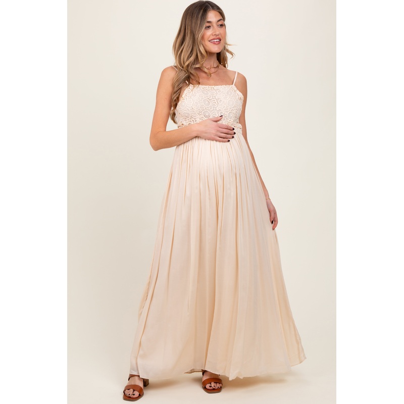 Beige Lace Bodice Cutout Tie Back Maternity Maxi Dress