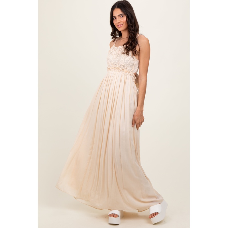 Beige Lace Bodice Cutout Tie Back Maxi Dress