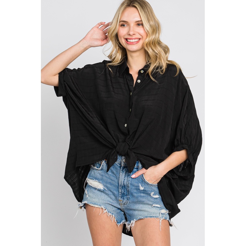 Black Button Down 3/4 Sleeve Top