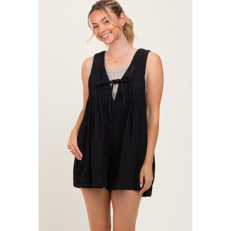 Black Deep V-Neck Pleated Front Tie Sleeveless Romper