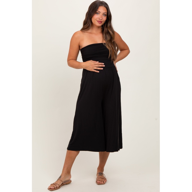 Black Double Layered Strapless Tube Top Maternity Jumpsuit