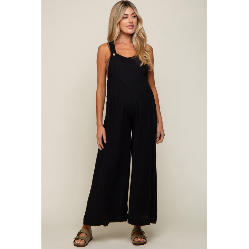 Black Pocket Front Maternity Wide Leg Jumpsuit