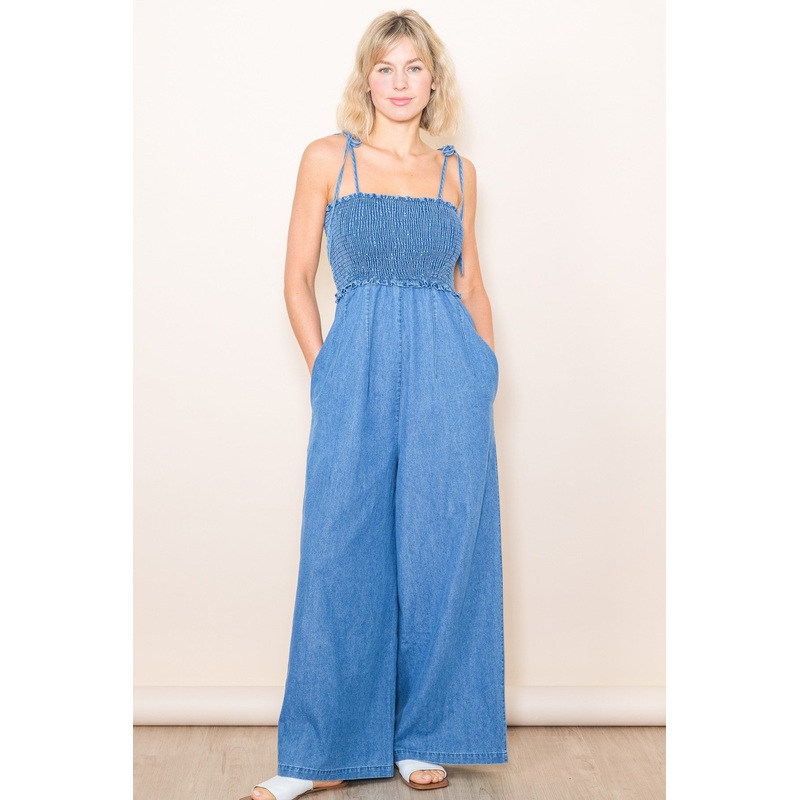Blue Chambray Shoulder Tie Smocked Jumpsuit
