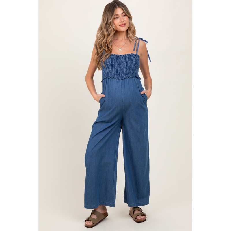 Blue Chambray Shoulder Tie Smocked Maternity Jumpsuit