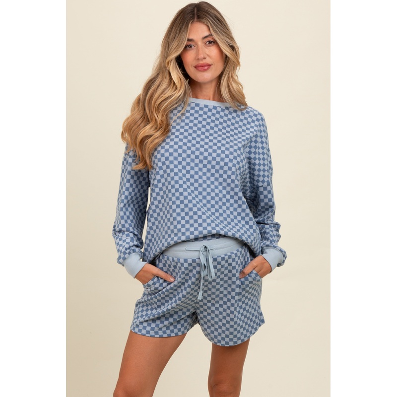 Blue Checkered Plaid Pullover Shorts Maternity Set