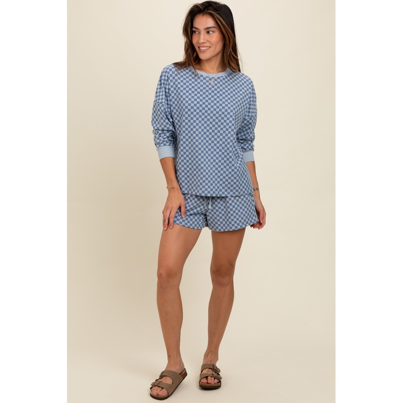 Blue Checkered Plaid Pullover Shorts Set