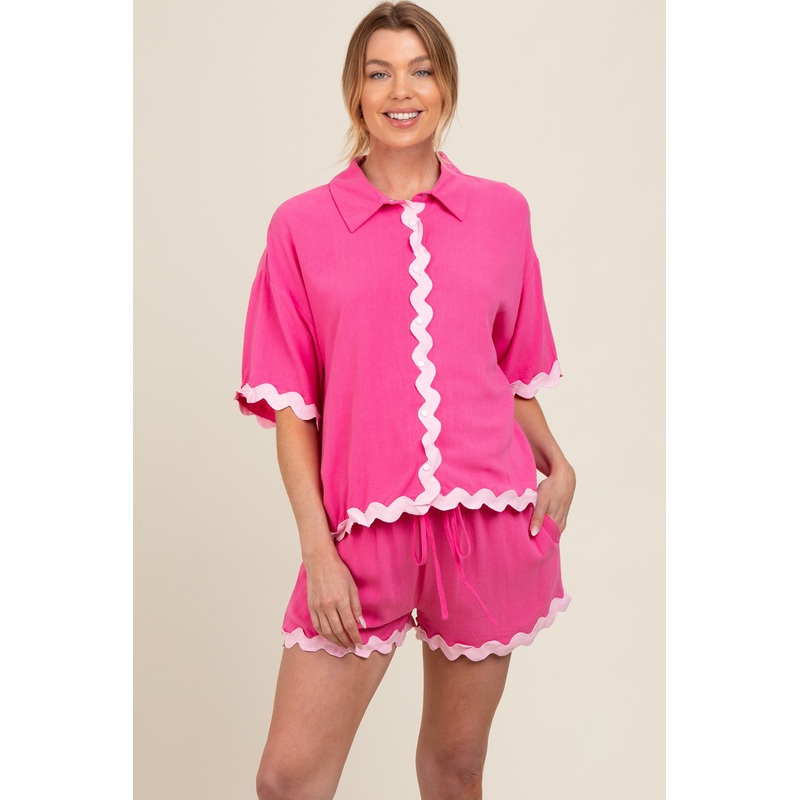 Fuchsia Ric Rac Trim Detailed Shirt and Shorts Maternity Set