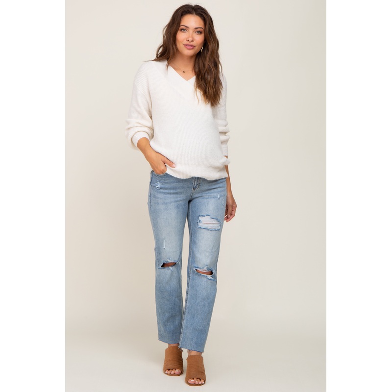 Light Blue Cropped Distressed Maternity Jeans