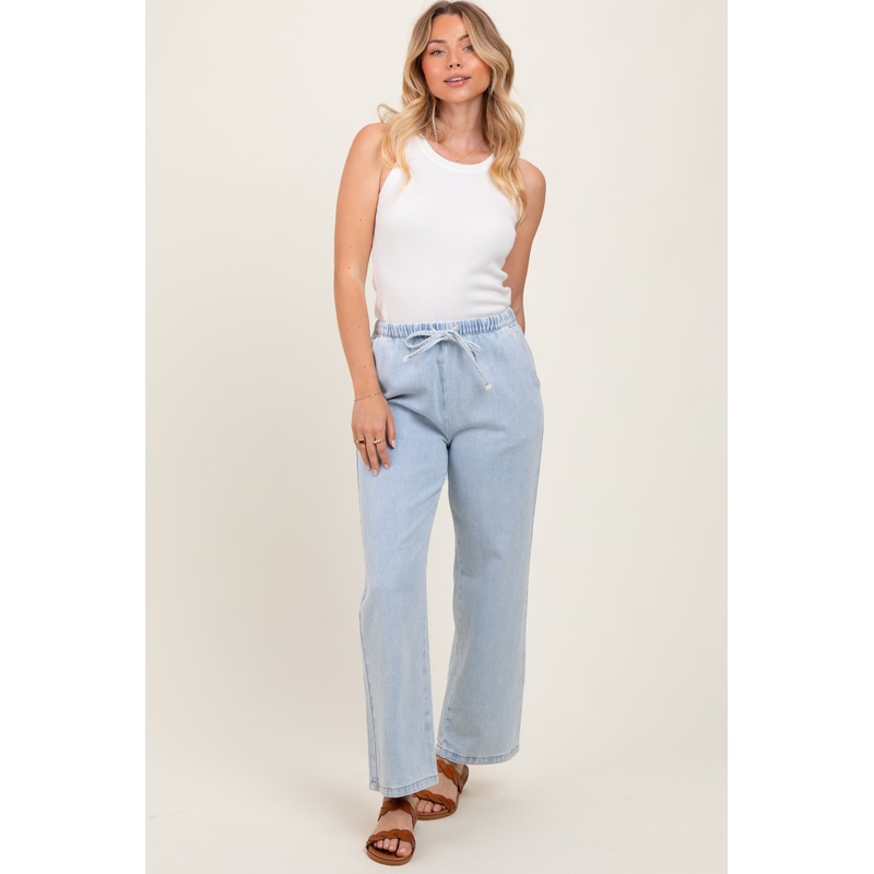 Light Blue Washed Chambray Drawstring Relaxed Fit Pants