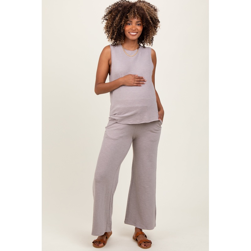 Light Mocha Slub Knit Maternity Pants Set