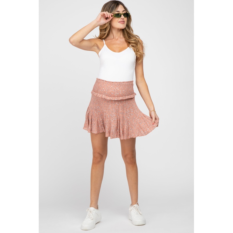 Pink Floral Smocked Maternity Mini Skirt