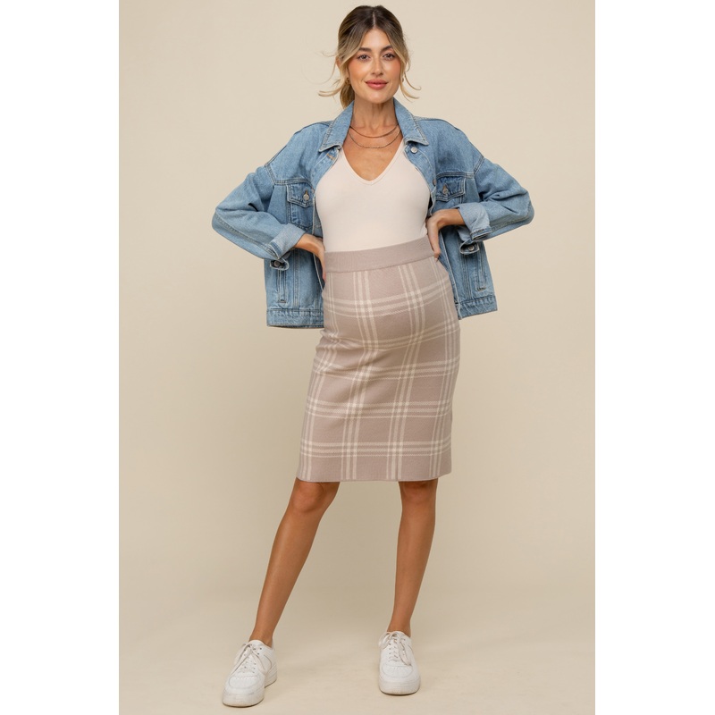 Taupe Knit Plaid Fitted Maternity Skirt