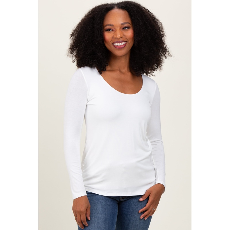 White Basic Scoop Neck Long Sleeve Top