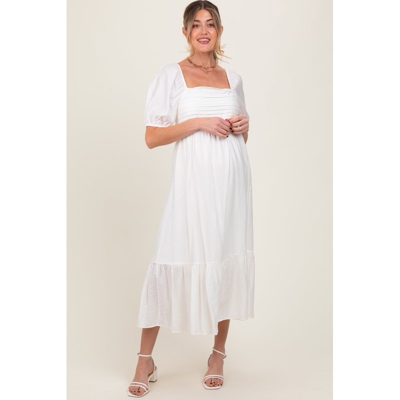 White Pleated Bodice Puff Sleeve Maternity Midi Dress